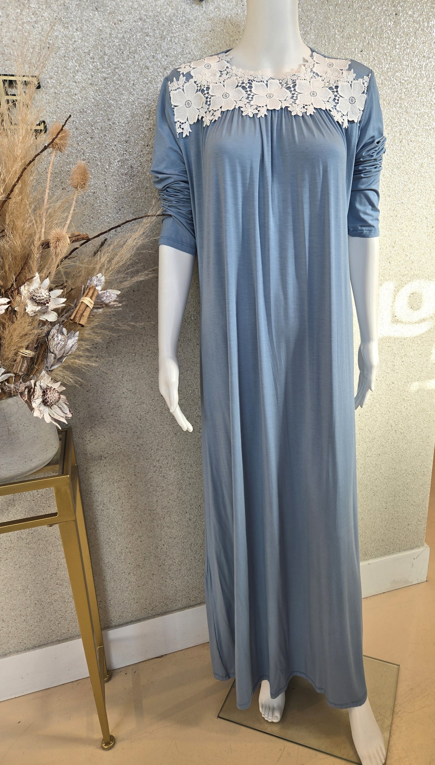 Rosella Long Nightogown w Flower Embroidery, Ocean Blue