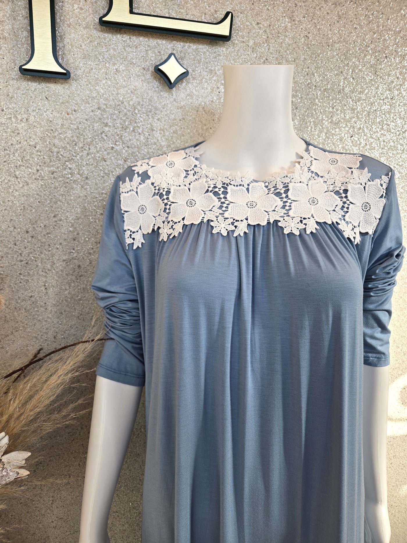 Rosella Long Nightogown w Flower Embroidery, Ocean Blue