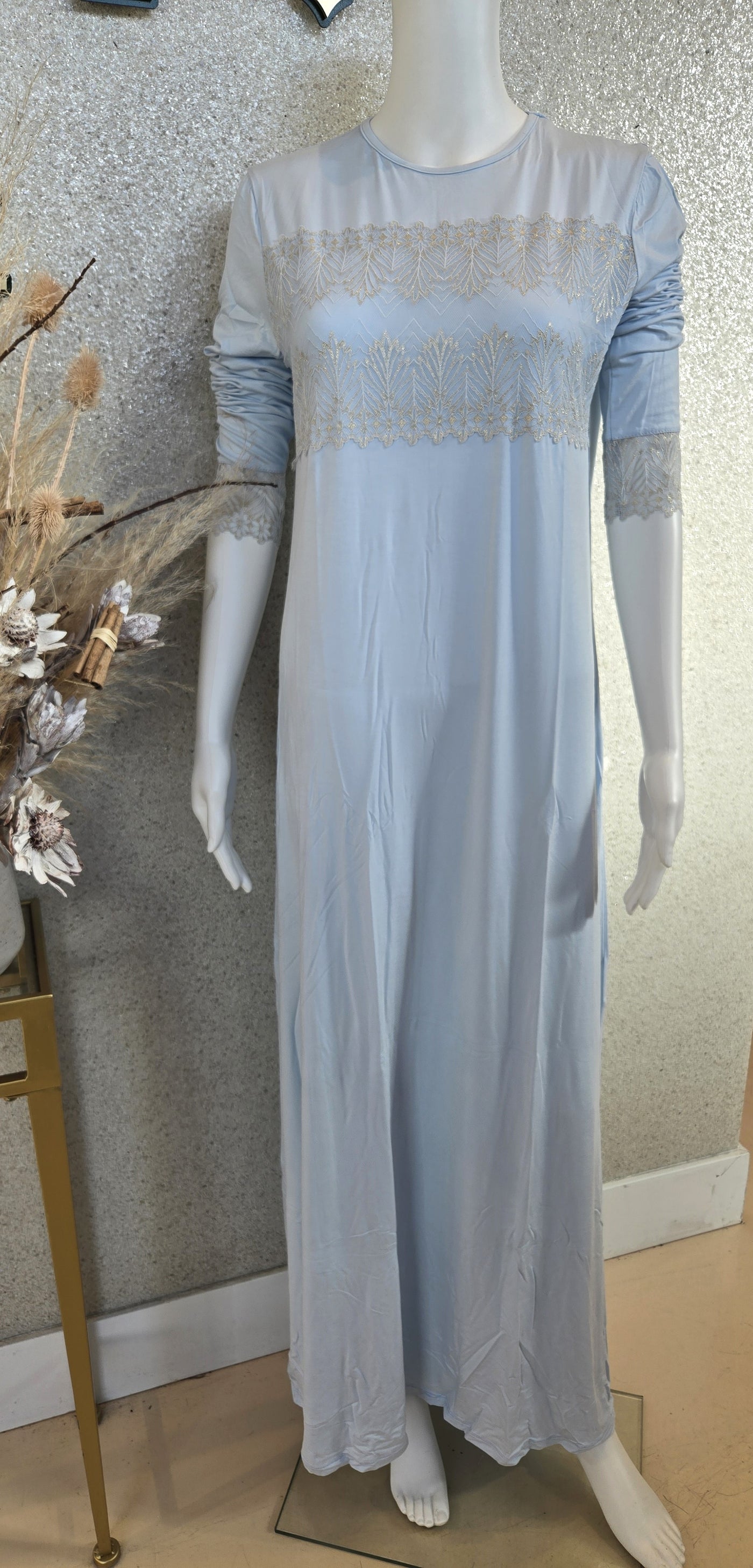 Rosella Leopard Lace Insert Nightgown Light Blue 20