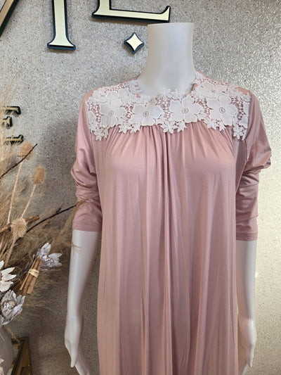 Rosella Long Nightgown w Flower Embroidery, Lt. Pink