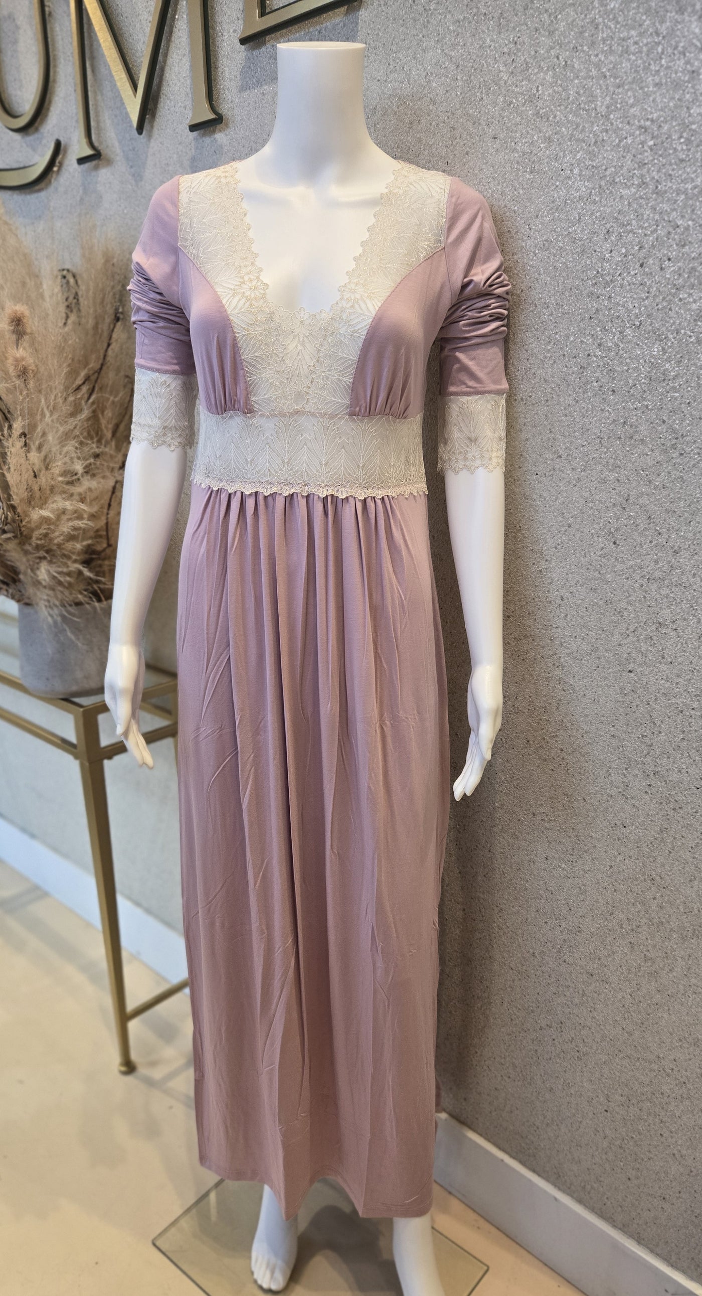 Oh Zuza! Waisted , V Neck Gold Lace Design Nightdress, Lilac.