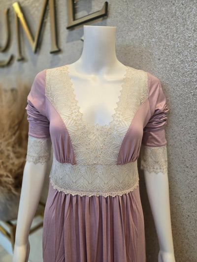Oh Zuza! Waisted , V Neck Gold Lace Design Nightdress, Lilac.