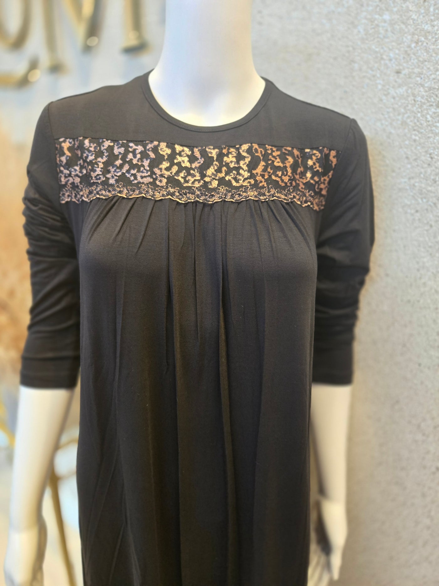 Rosella Pleated Front Nightgown with Lace Design, Black
