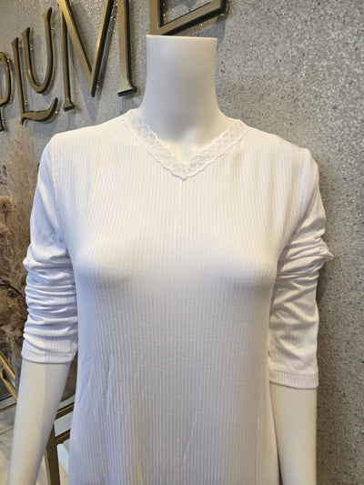 Rosella Ribbed Nightgown w Lace Trim Design, White