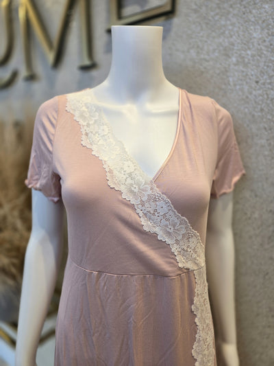 Oh Zuza! Midi  Nightdress with Criss Lace Design , Dusty Pink