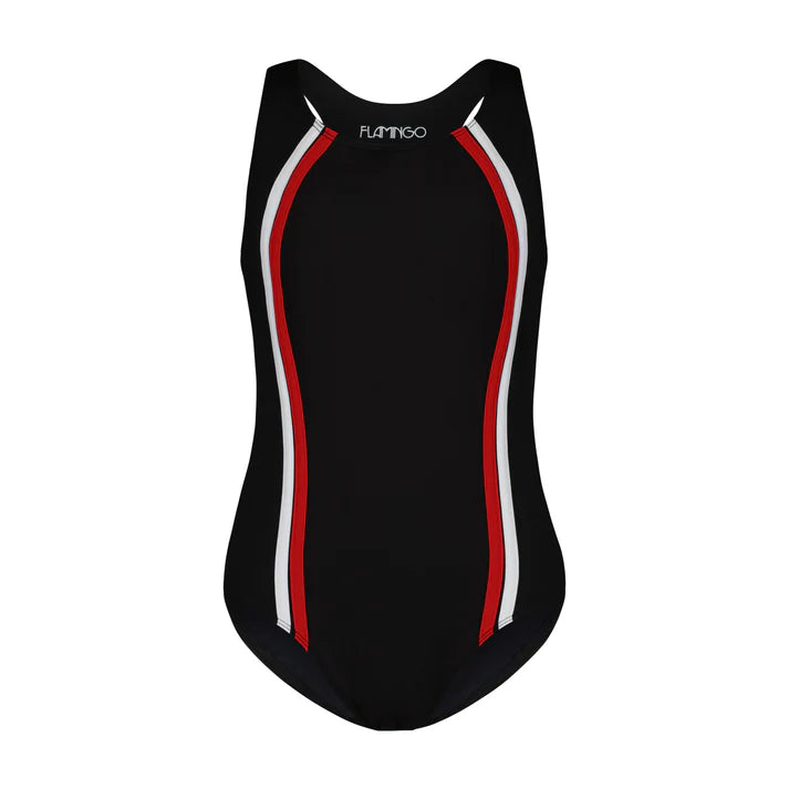 Flamingo Teen Swim Suit Vertical Stripe, Black Red/White
