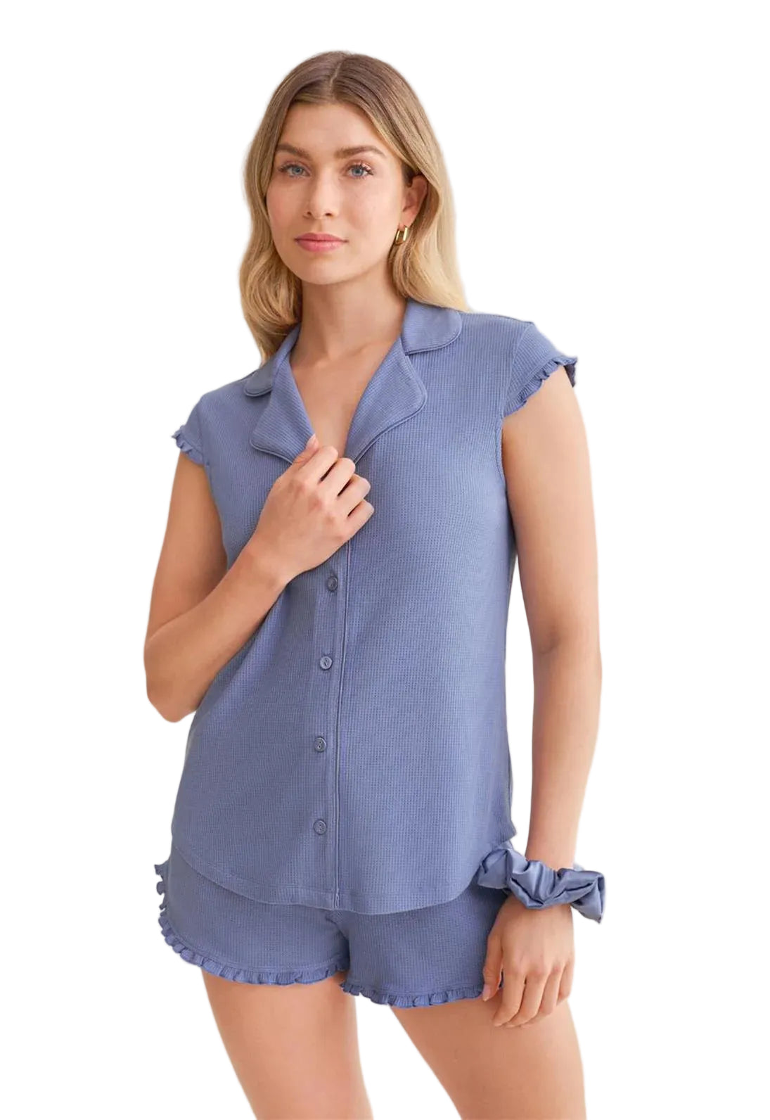Fluer't Shortie Pj Set with scrunchie 645, Denim Waffle