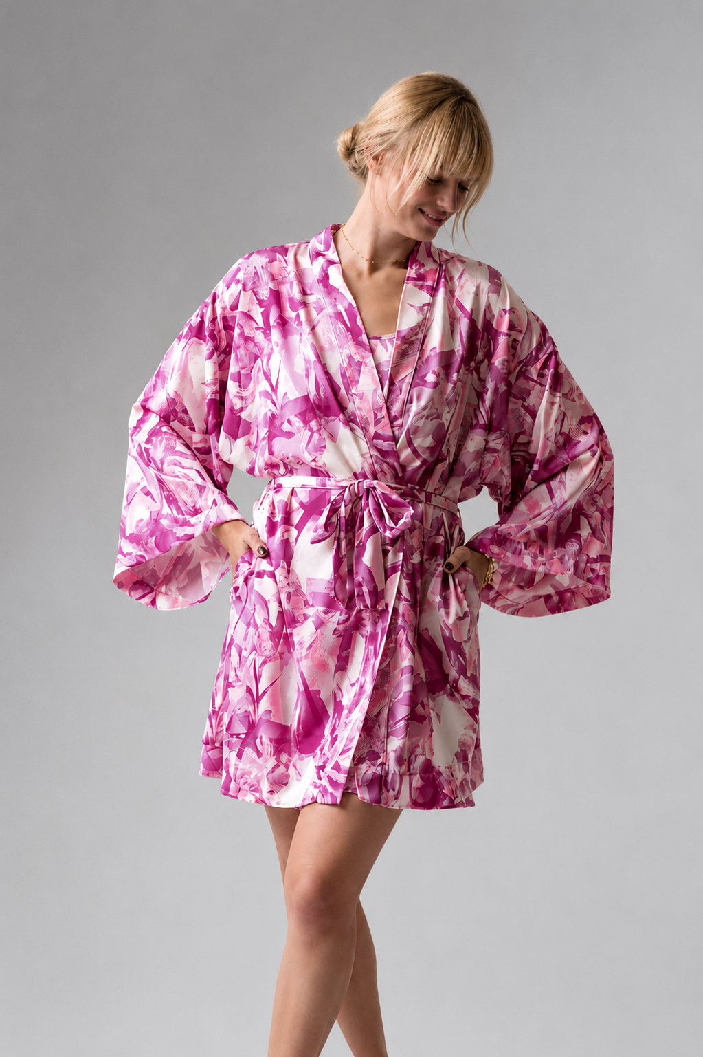 Frida short Satin dressing gown 4618 (Robe), Pink print
