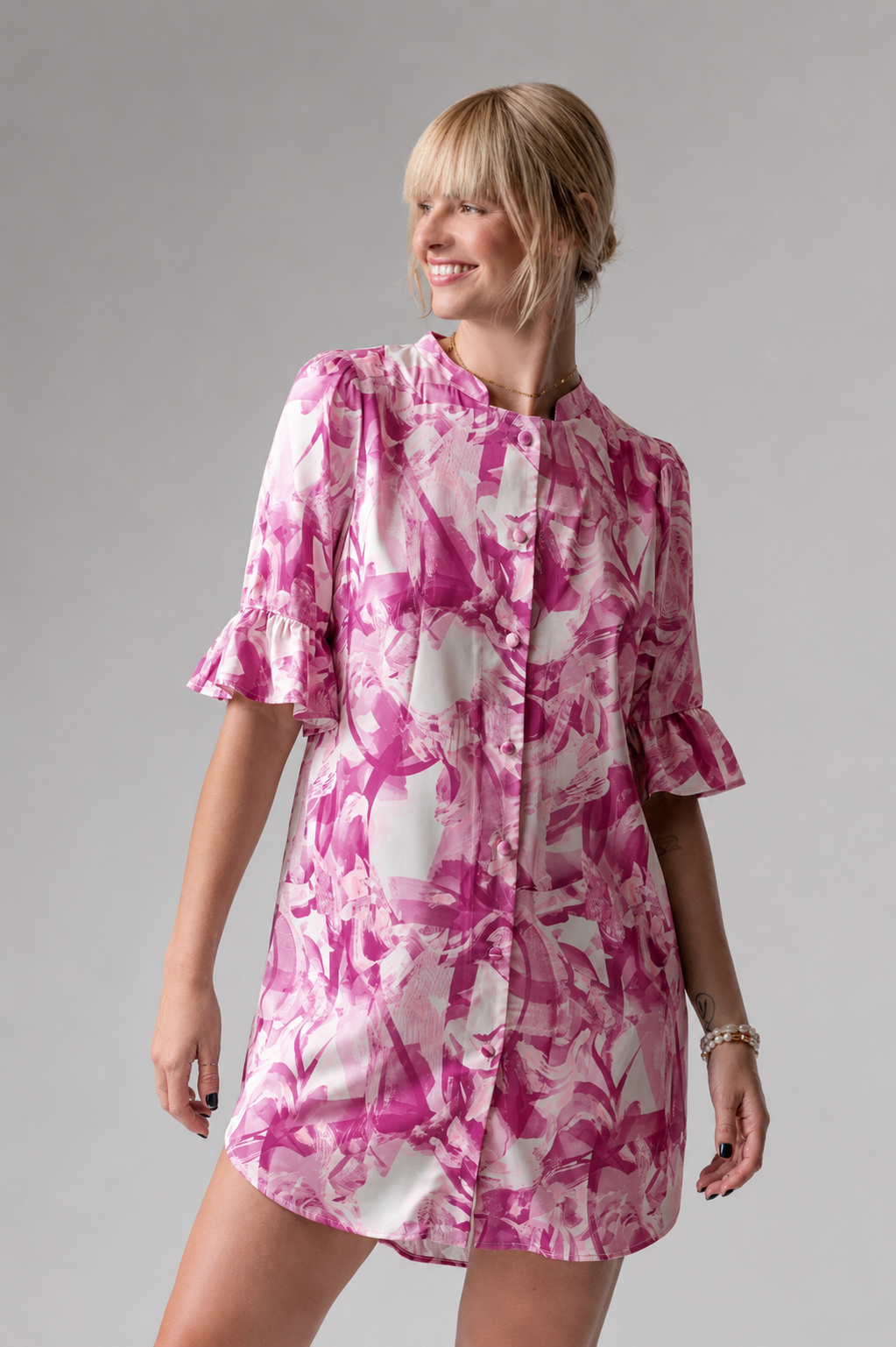 Frida Satin Nightshirt with ruffles 4619, Pink Print