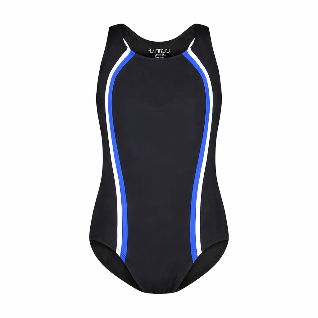 Flamingo Teen Swim Suit Vertical Stripe, Black Royal/White