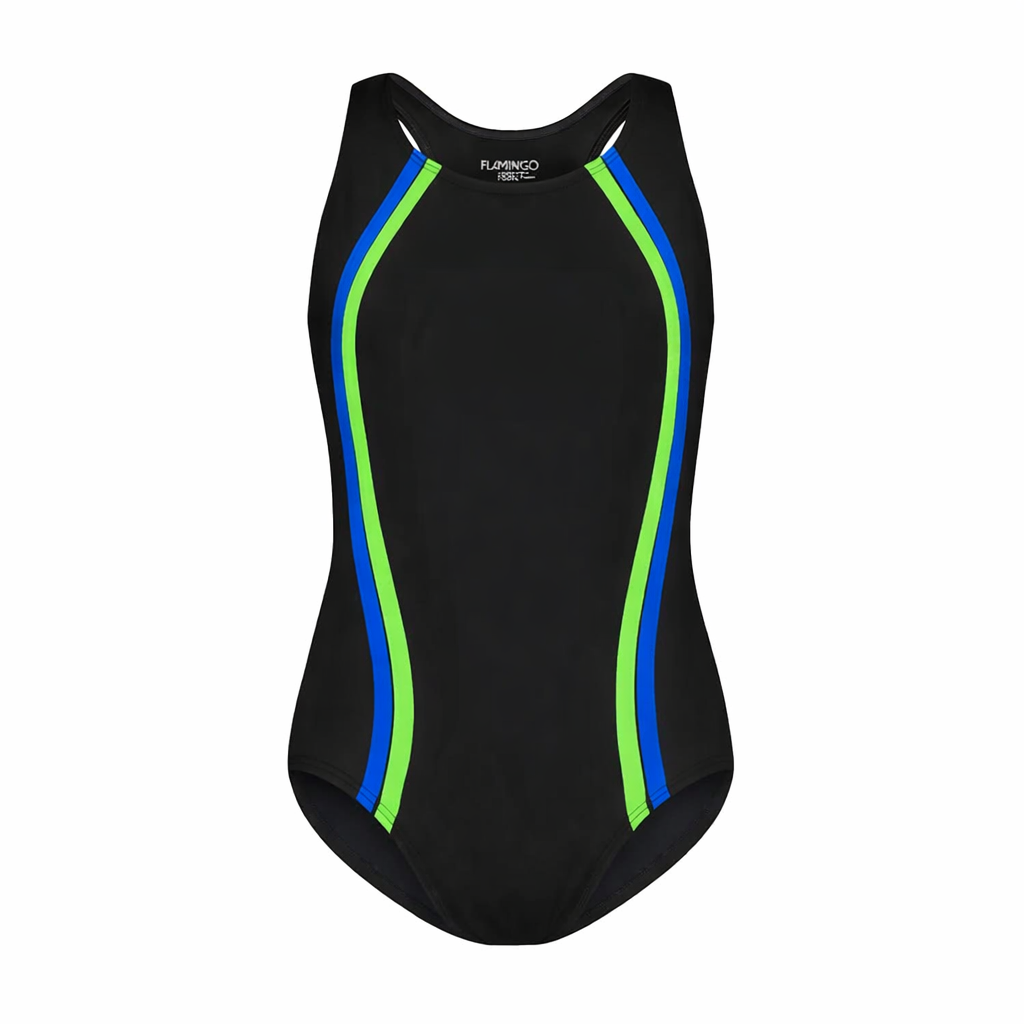 Flamingo Teen Swim Suit Vertical Stripe, Black Royal/Neon
