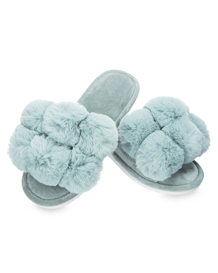 Luxe PomPom open toe Plush Slippers, Sea Blue