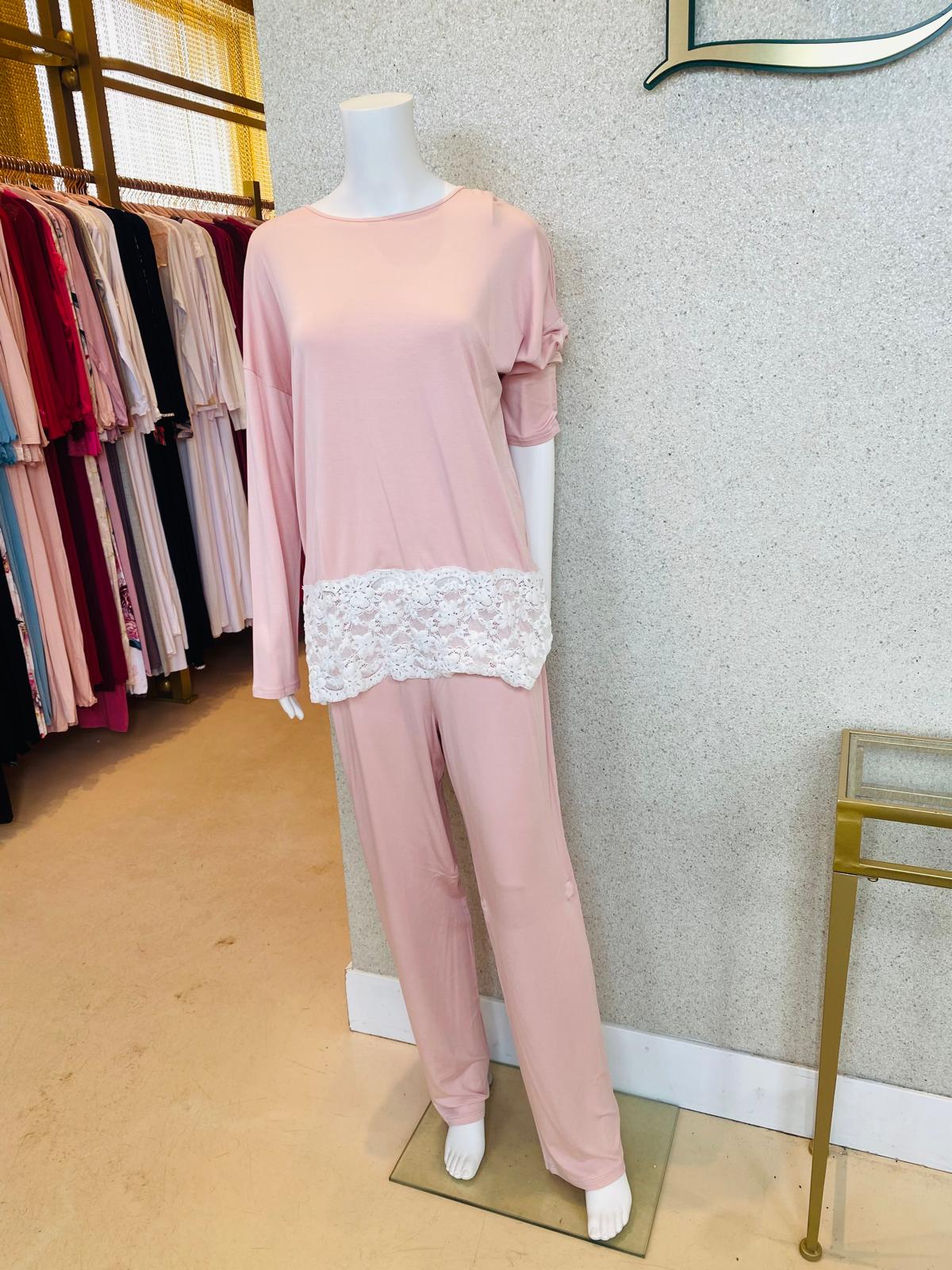 Wide Lace Pyjamas Long Sleeve, Dusty Pink