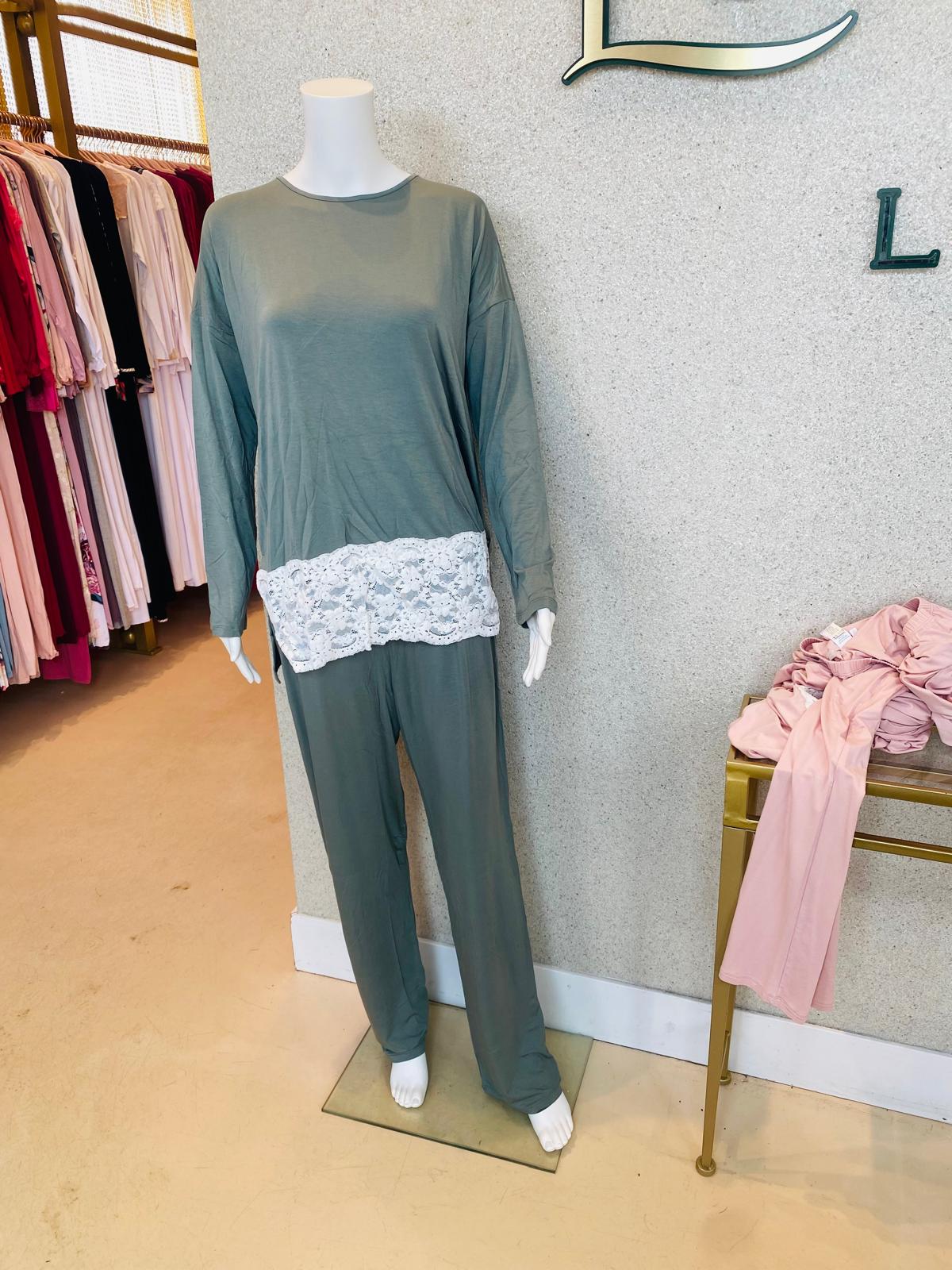 Wide Lace Pyjamas Long Sleeve, Agave Green