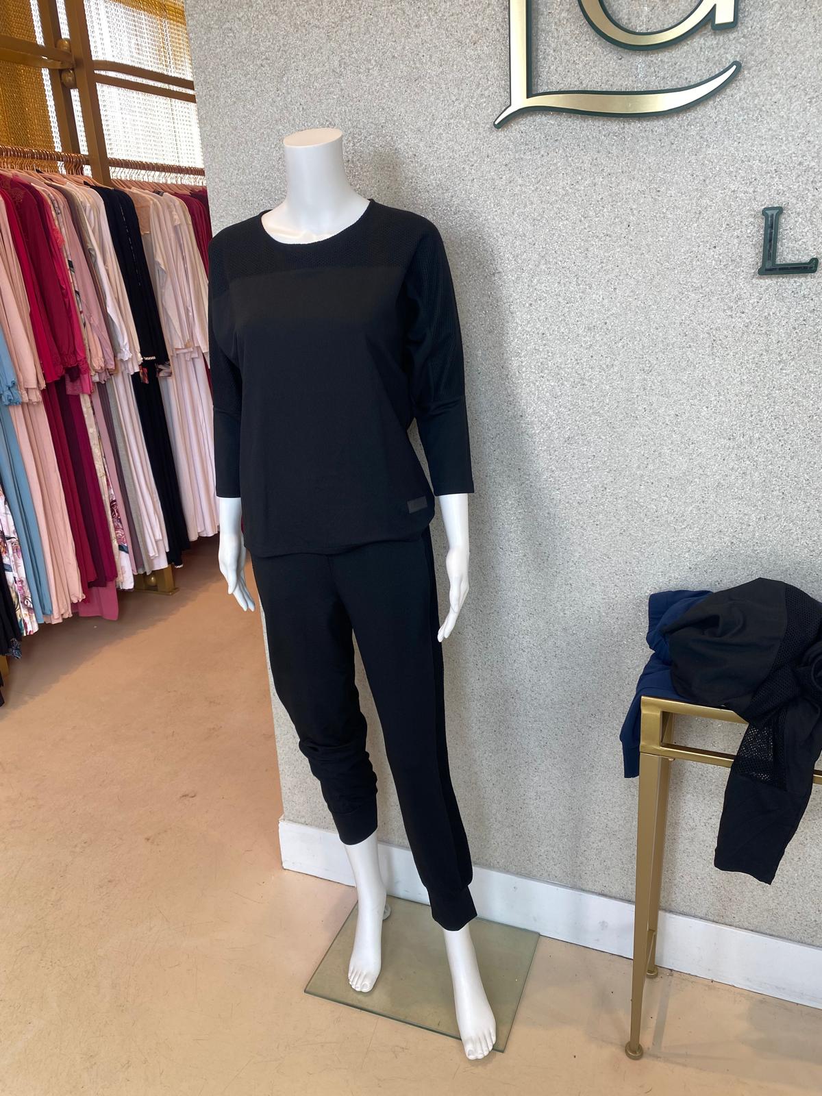 Lined Mesh Pajama Set, Black