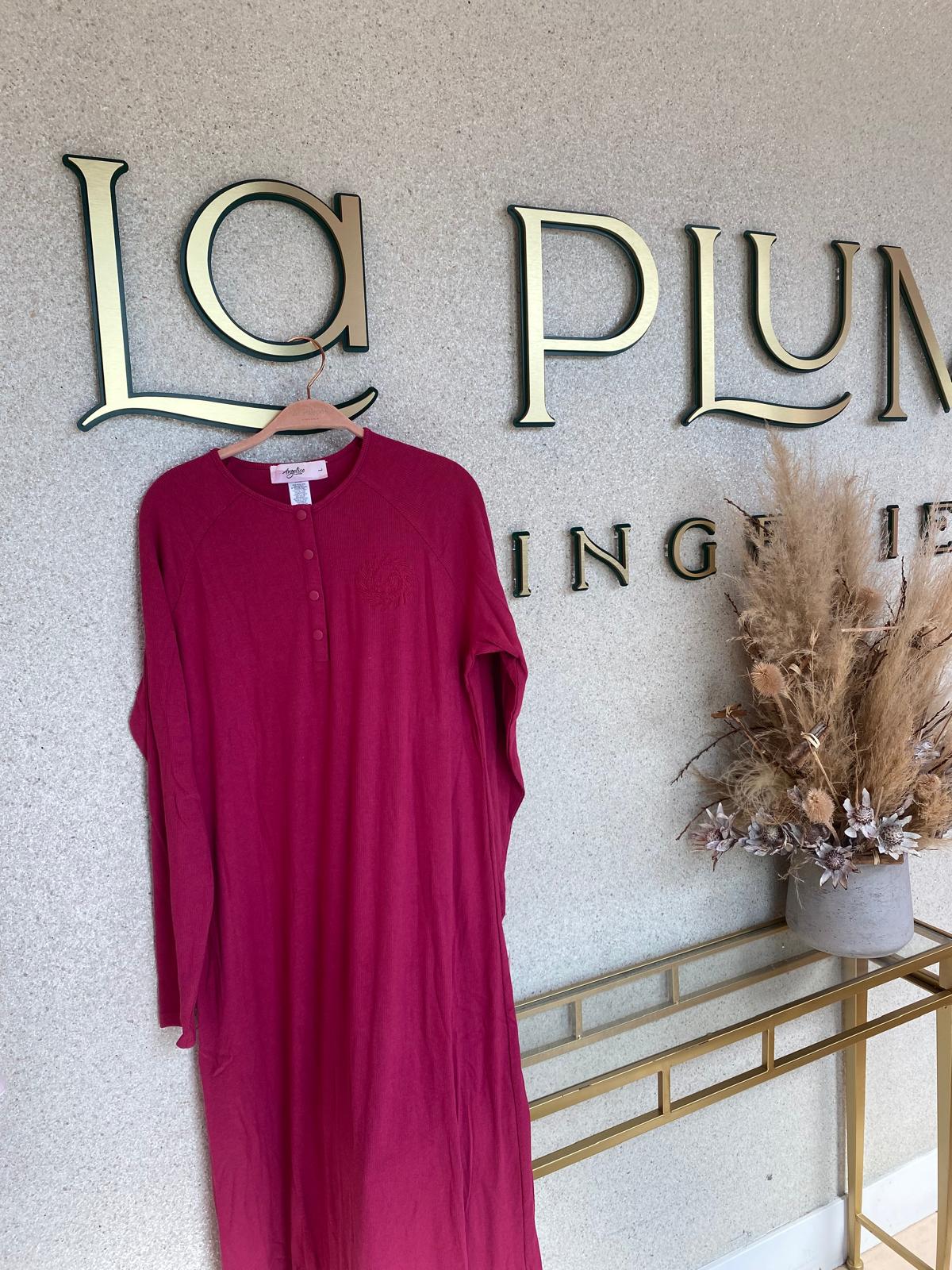 C-7142 Ribbed Snap Nightgown w/Emblem, Fuschia Pink