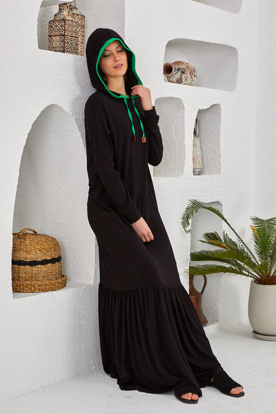 Eva Hoody Neon Detail Long Robe, Black Green
