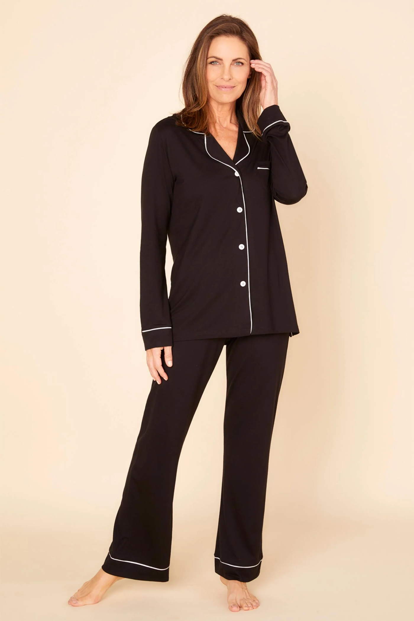 Bella Short Sleeve Top & Pant Pajama Set, Black/Ivory