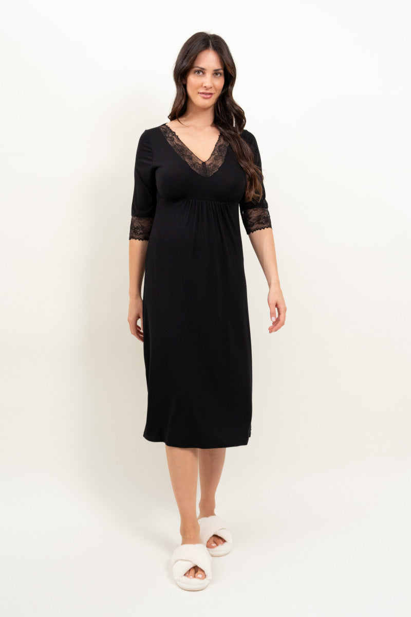 Oh ZUZA! Nightdress 3/4 Lace  Sleeve, Black