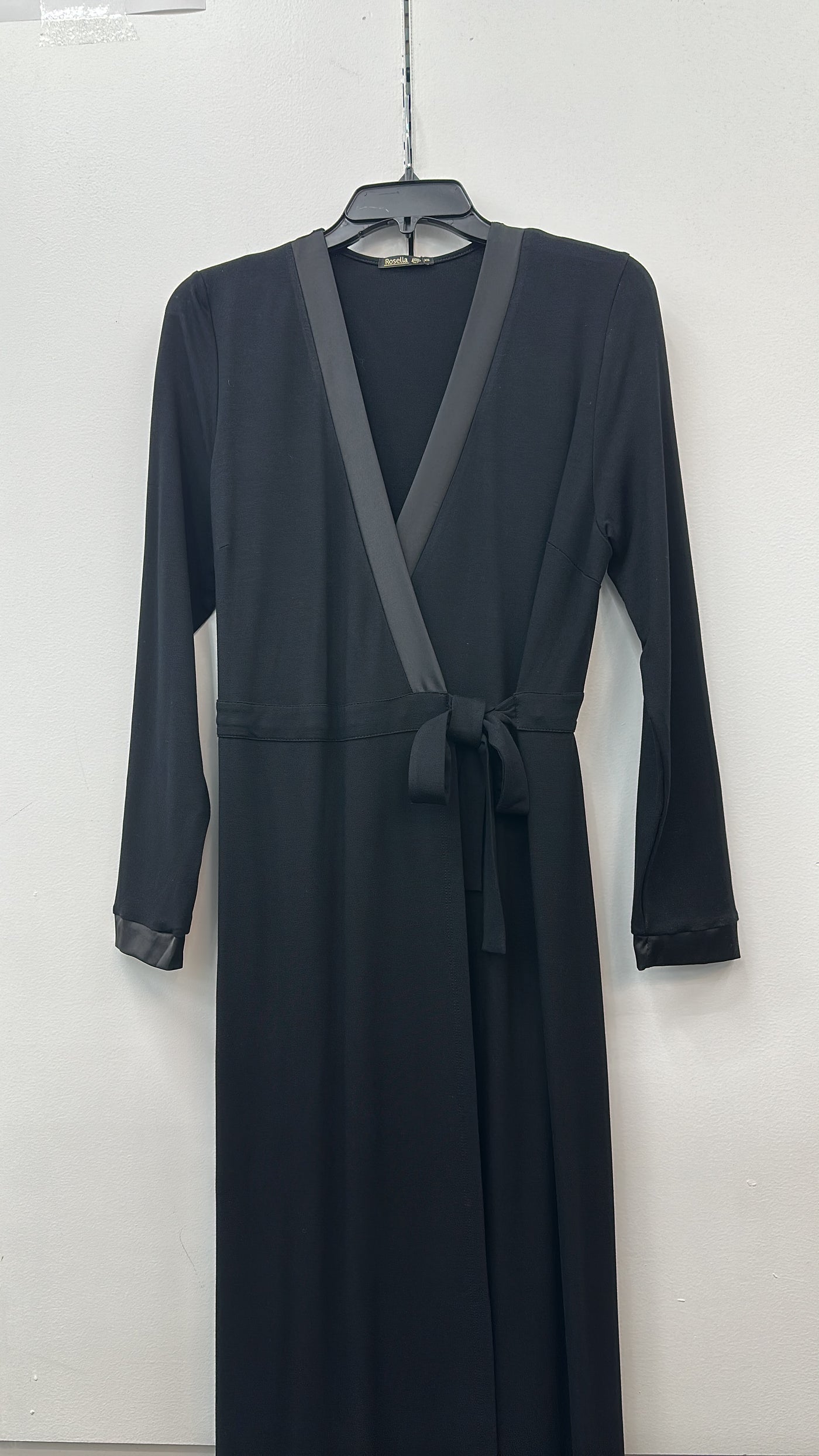Rosella Morning Wrap Style Robe with Satin Trim, Black