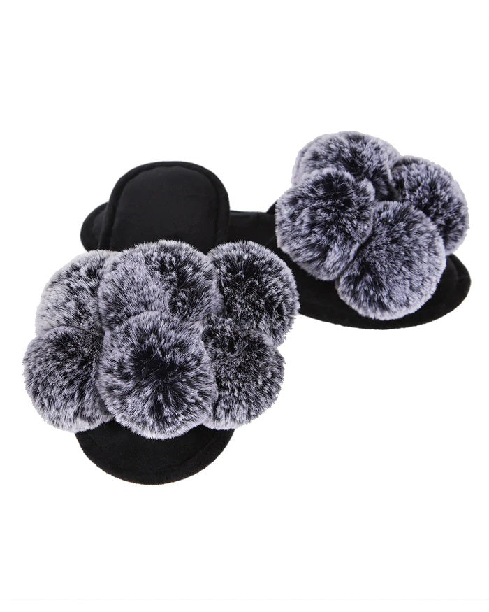Luxe PomPom open toe Plush Slippers, Black