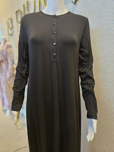 Rosella Button Front  Nightgown w Leather Trim, Black