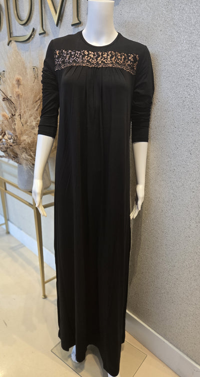 Rosella Pleated Front Nightgown with Lace Design, Black