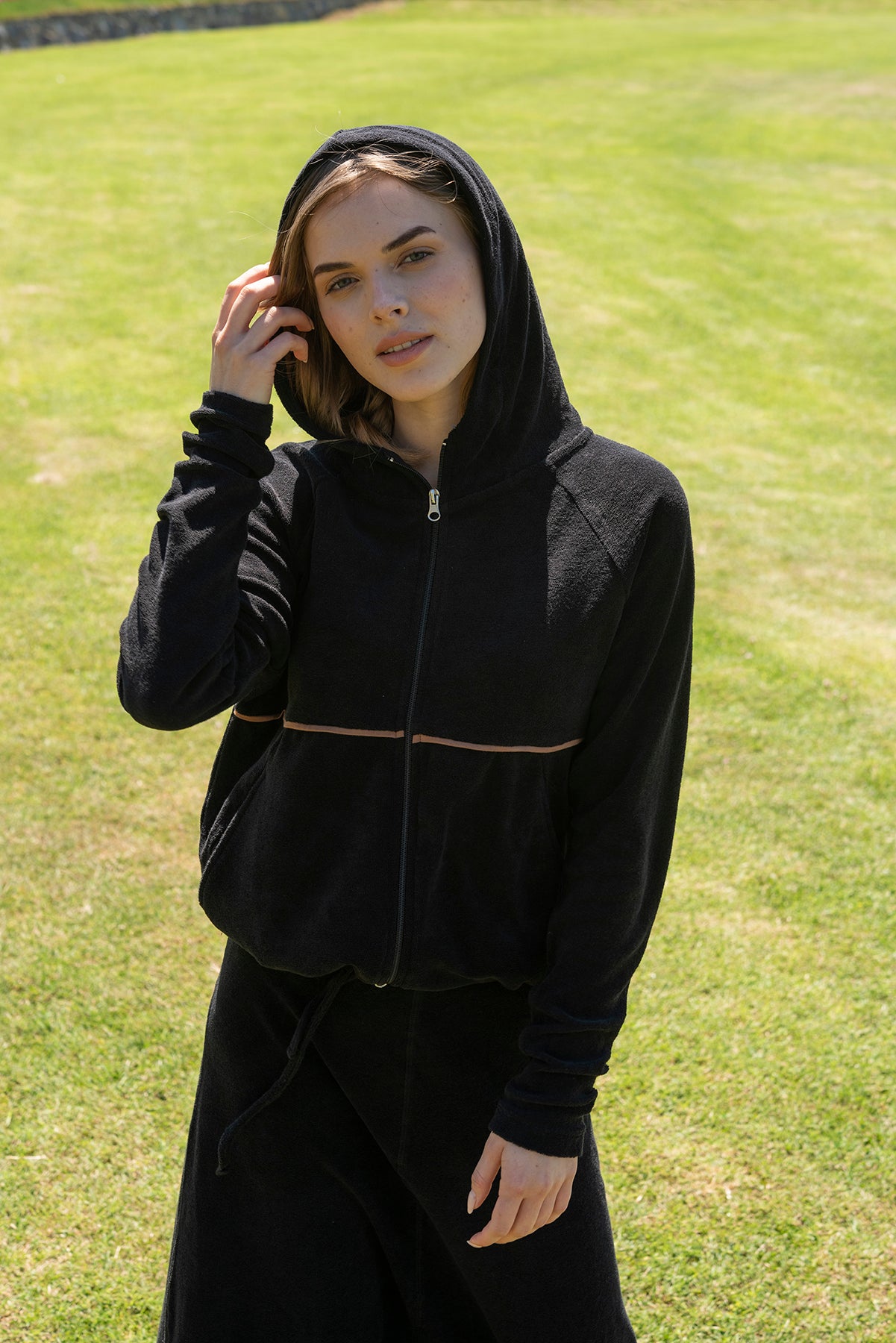 Terry Hooded Top, Black/Camel