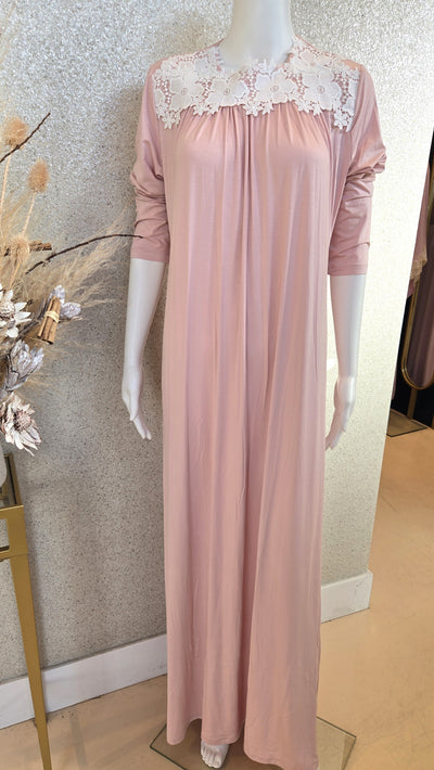 Rosella Long Nightgown w Flower Embroidery, Lt. Pink