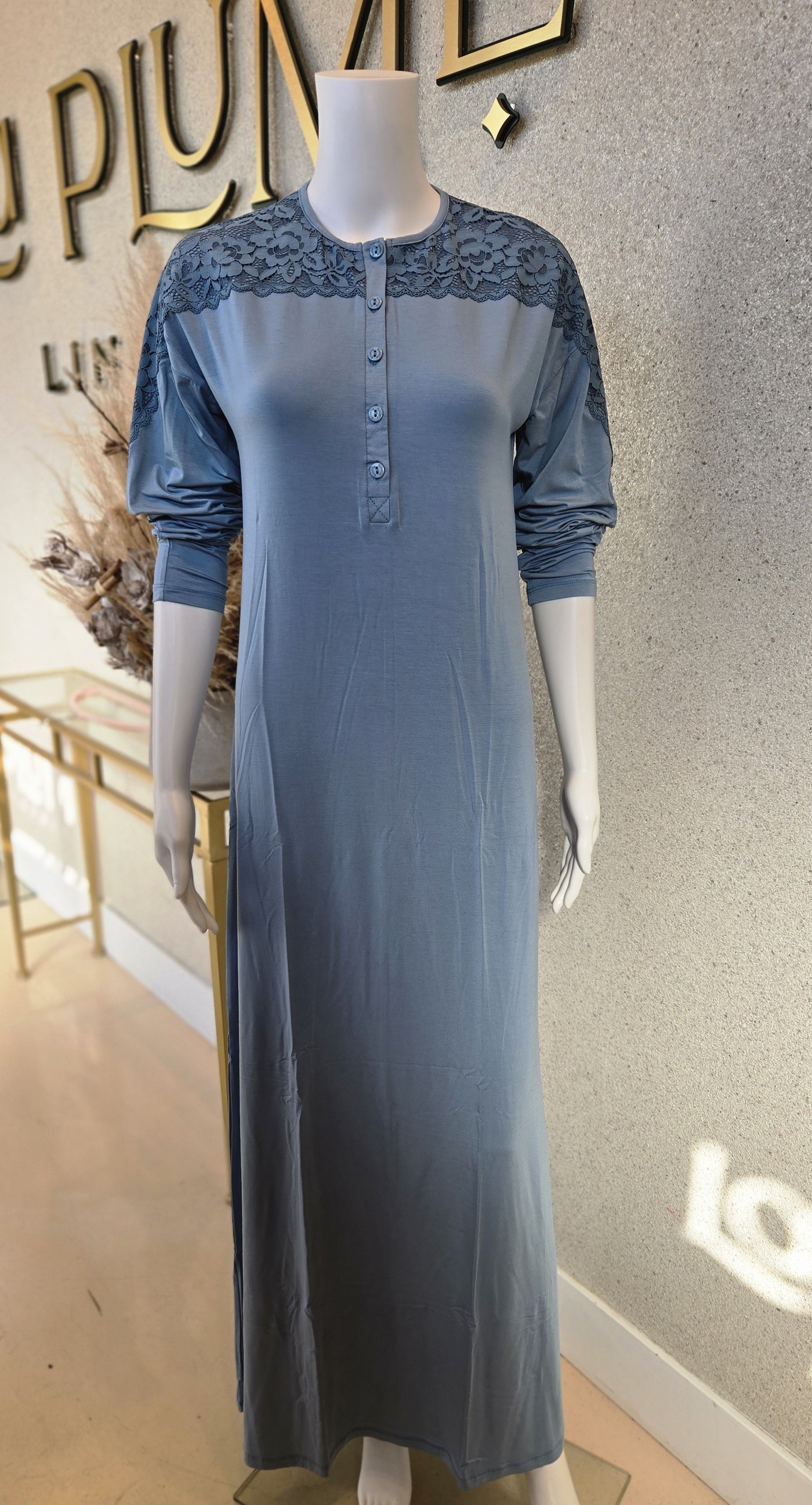Rosella, Lace Yoke w/Buttons Nightgown, Ocean Blue