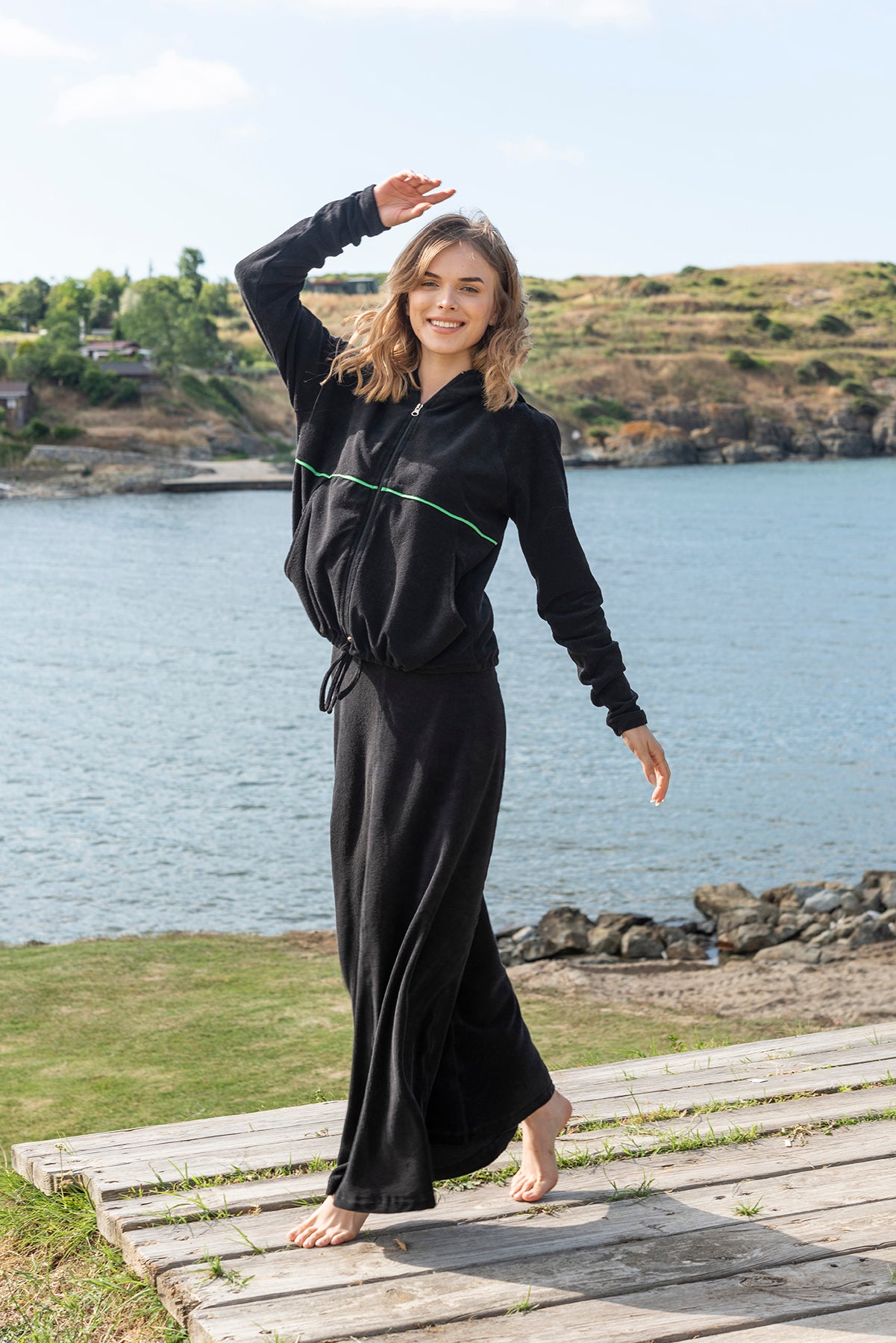 Terry Hooded Top, Black/Green