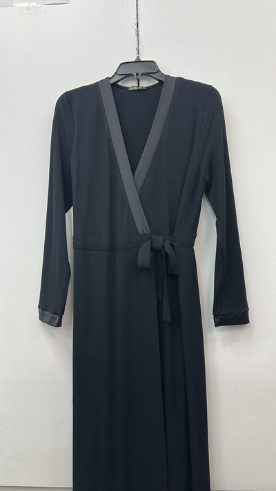 Rosella Morning Wrap Style Robe with Satin Trim, Black