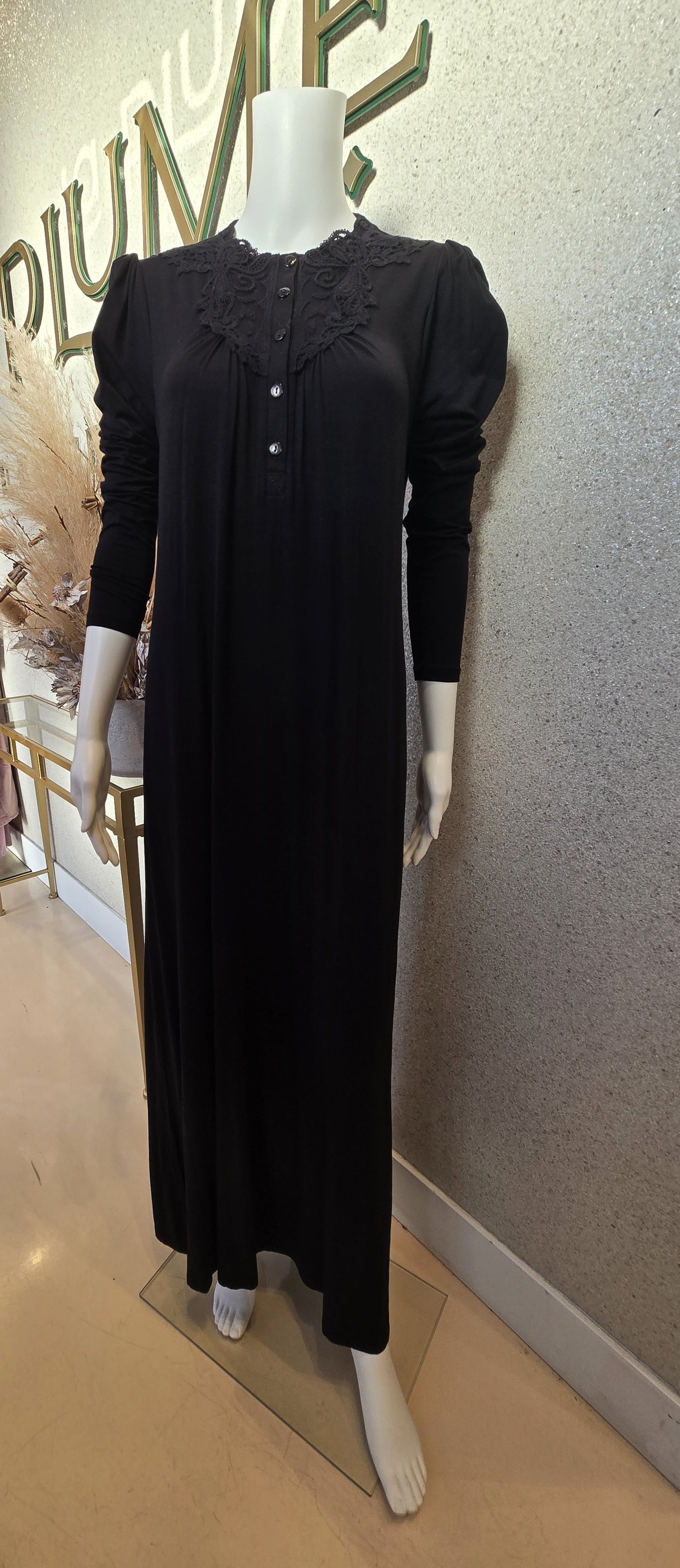 Rosella Buttons & Embroidery Detail Nightgown, Black