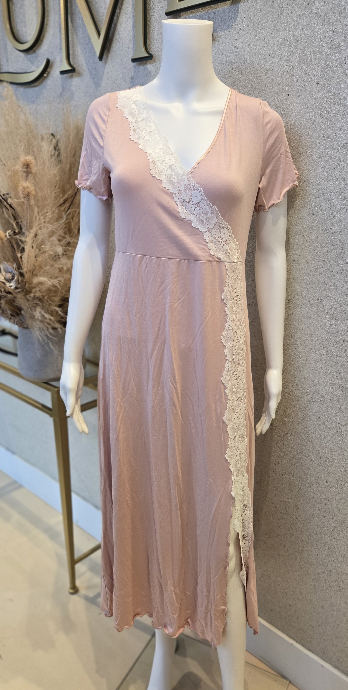 Oh Zuza! Midi  Nightdress with Criss Lace Design , Dusty Pink