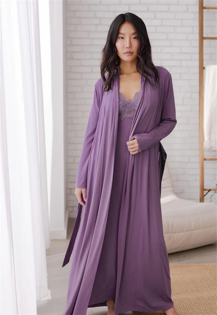 Fleur't Long Morning Robe with Silk Tie, Iris