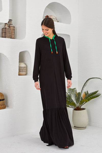 Eva Hoody Neon Detail Long Robe, Black Green