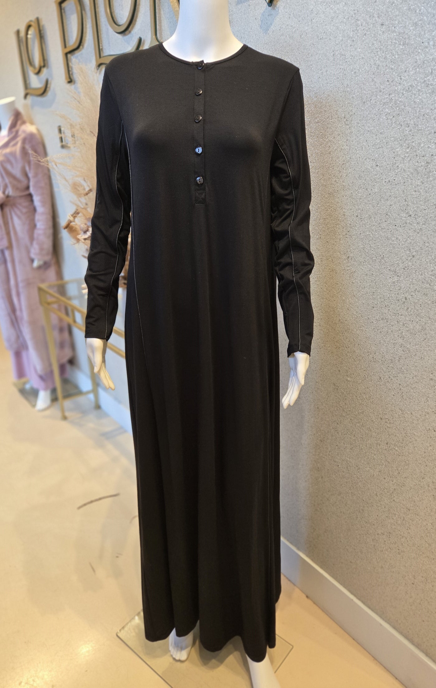 Rosella Button Front  Nightgown w Leather Trim, Black