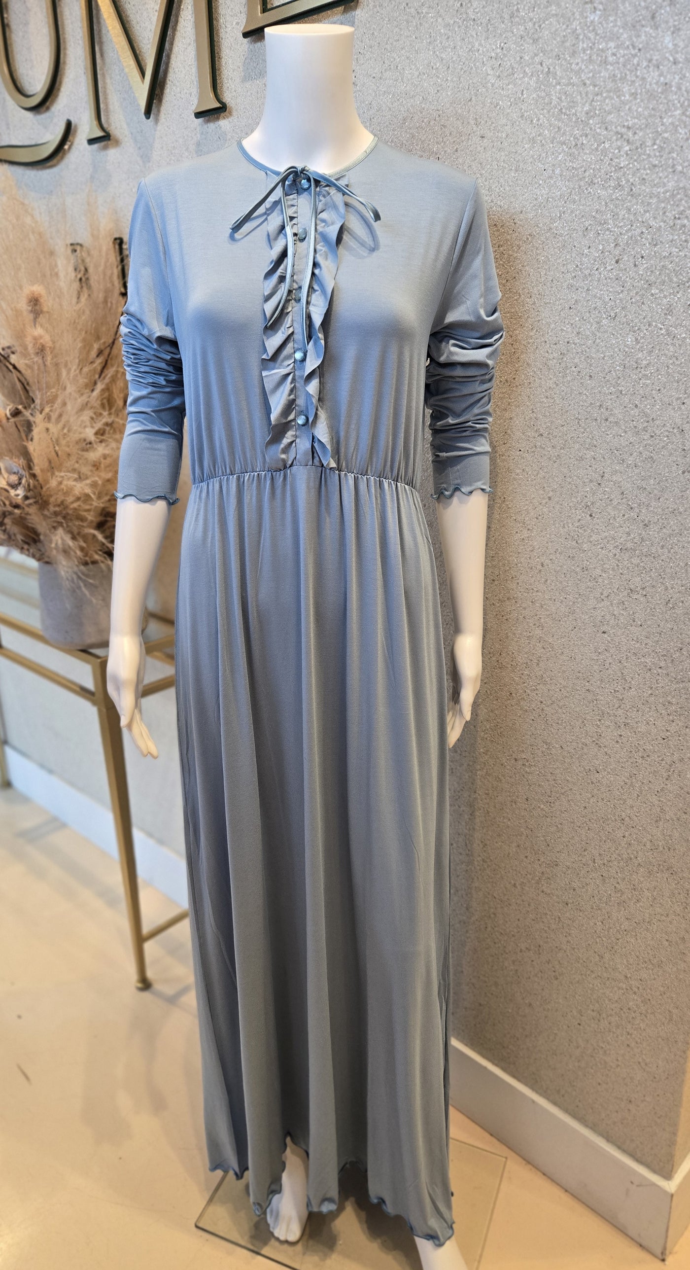 Rosella Front Ruffle w/Buttons & Strings Nightgown,  Ocean Blue 22