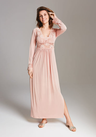 Oh Zuza! Waisted , V Neck Gold Lace Design Nightdress, Lilac.