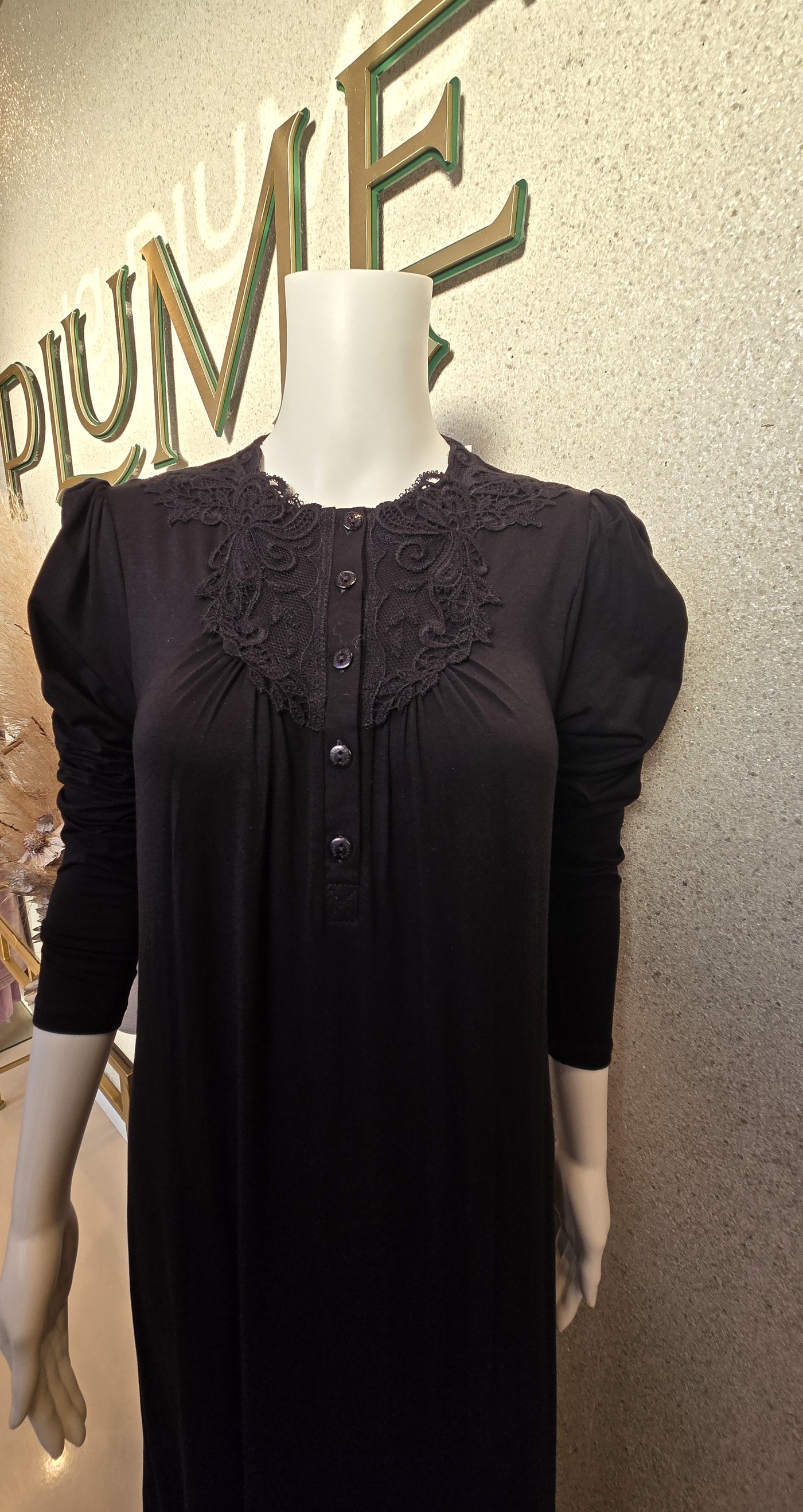 Rosella Buttons & Embroidery Detail Nightgown, Black