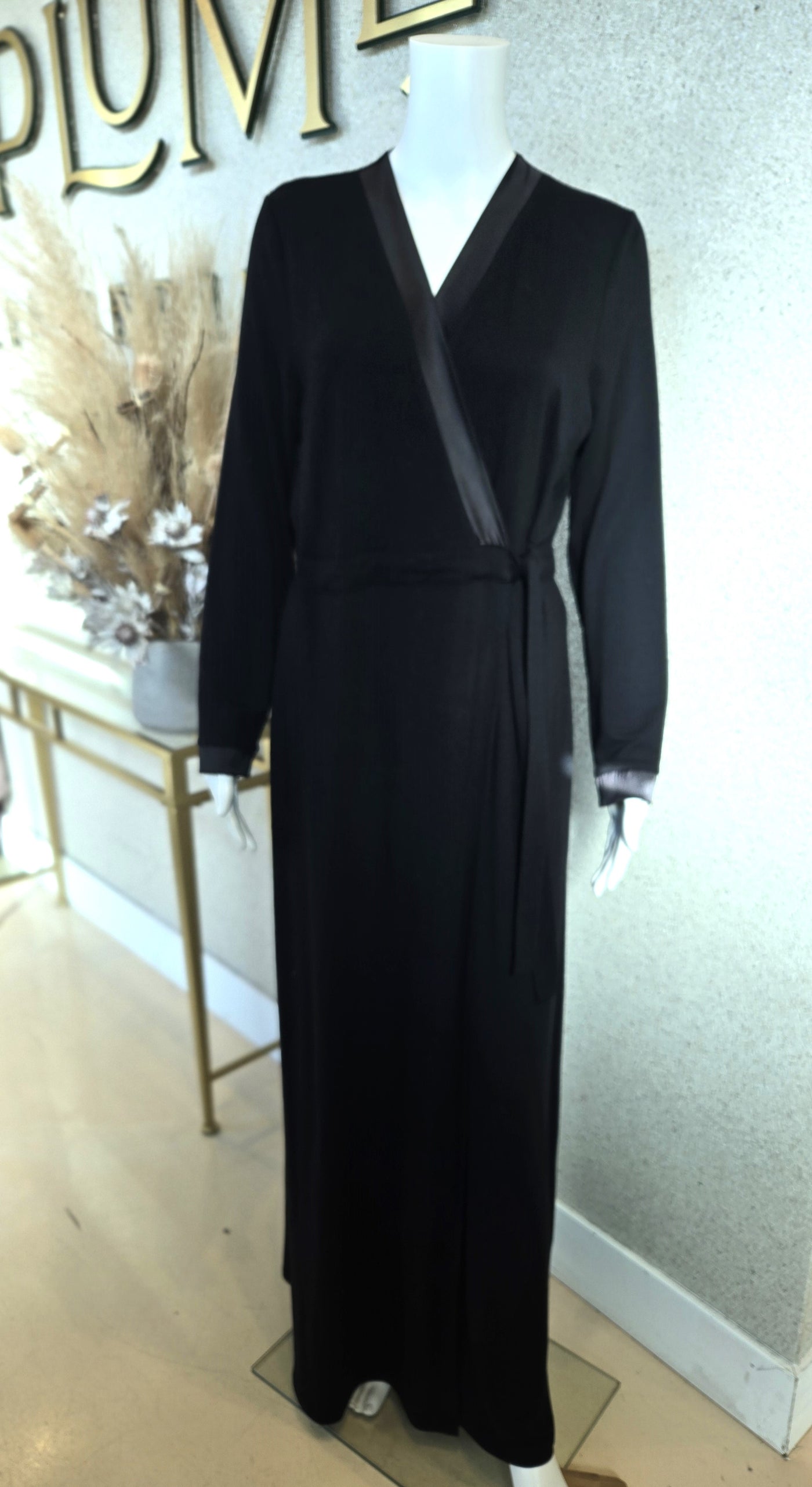 Rosella Morning Wrap Style Robe with Satin Trim, Black