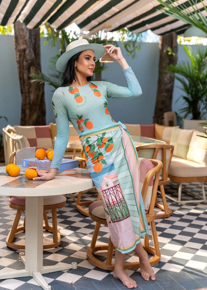 Formentera Swimwear, Aperol Swimsuit with Cover up set.