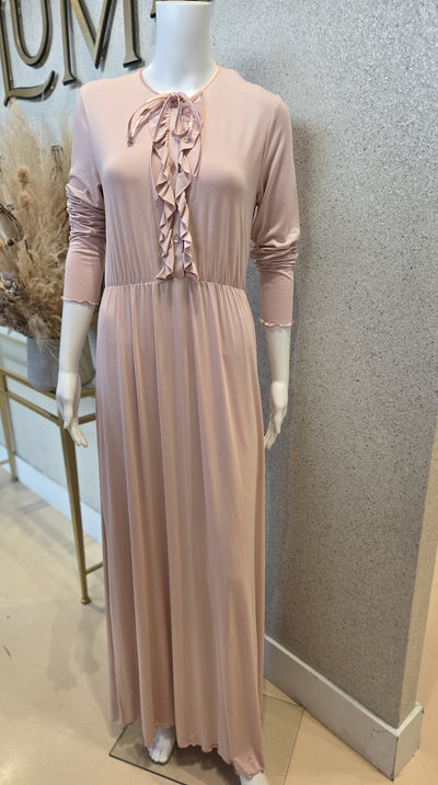 Rosella Nightgown w Front Ruffle , Buttons & Strings , Dusty Pink
