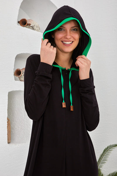 Eva Hoody Neon Detail Long Robe, Black Green