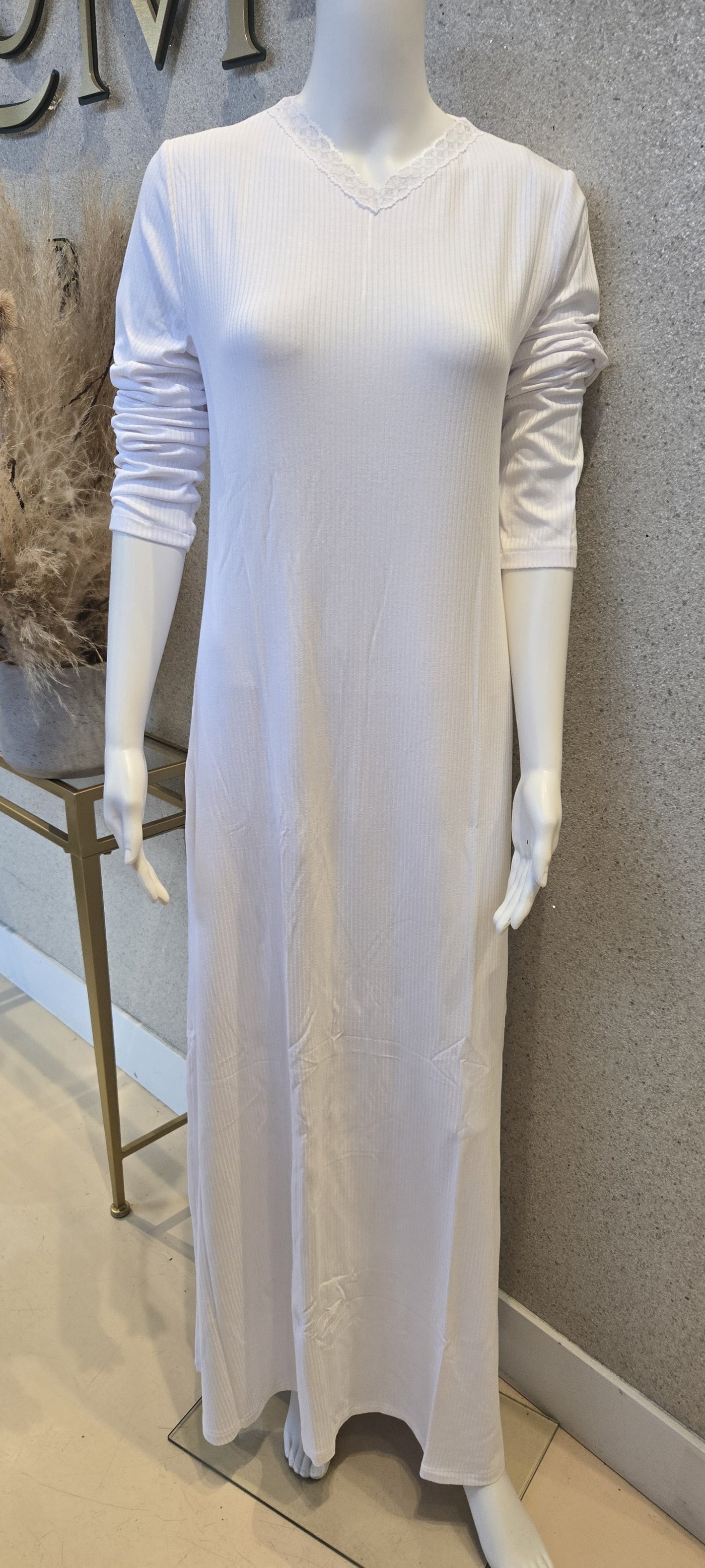 Rosella Ribbed Nightgown w Lace Trim Design, White