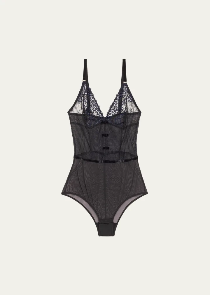 Simone Perele & Scenario Embroidered Lace, Tulle Bodysuit, Black Blue