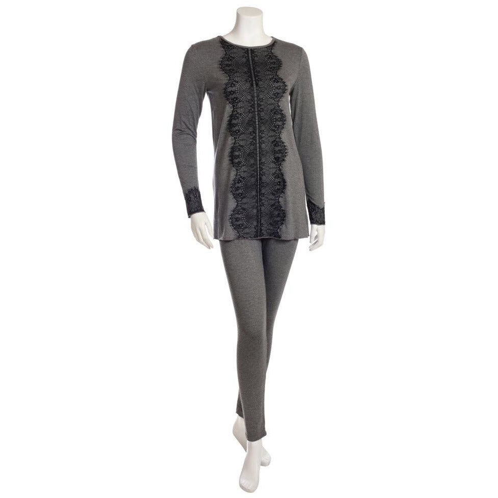 Grey Modal Pajamas with Black Lace Trim EL864