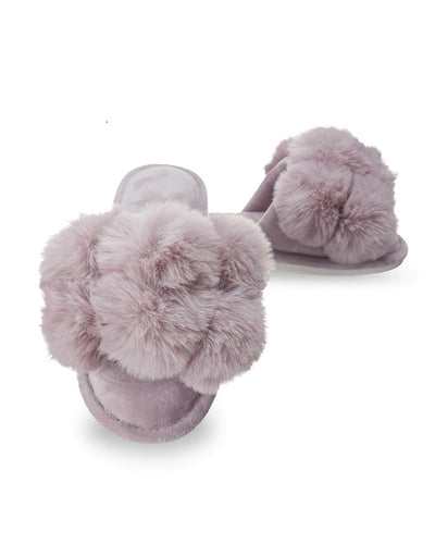 LUXE POMPOM OPEN TOE PLUSH SLIPPERS