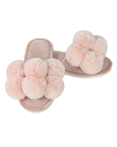 LUXE POMPOM OPEN TOE PLUSH SLIPPERS