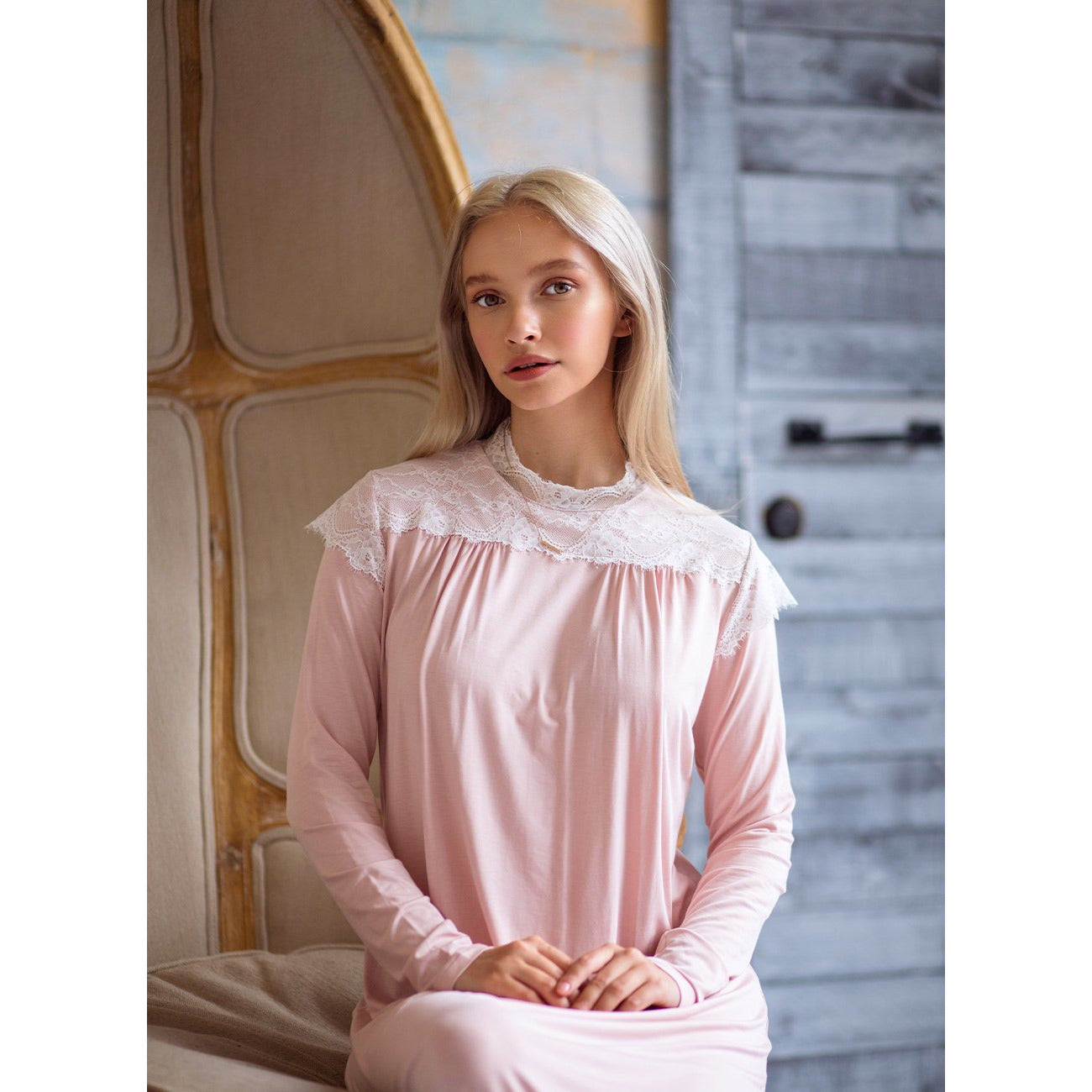 Rosella Neck Shoulder Lace Nightgown, Pink, Ocean Blue